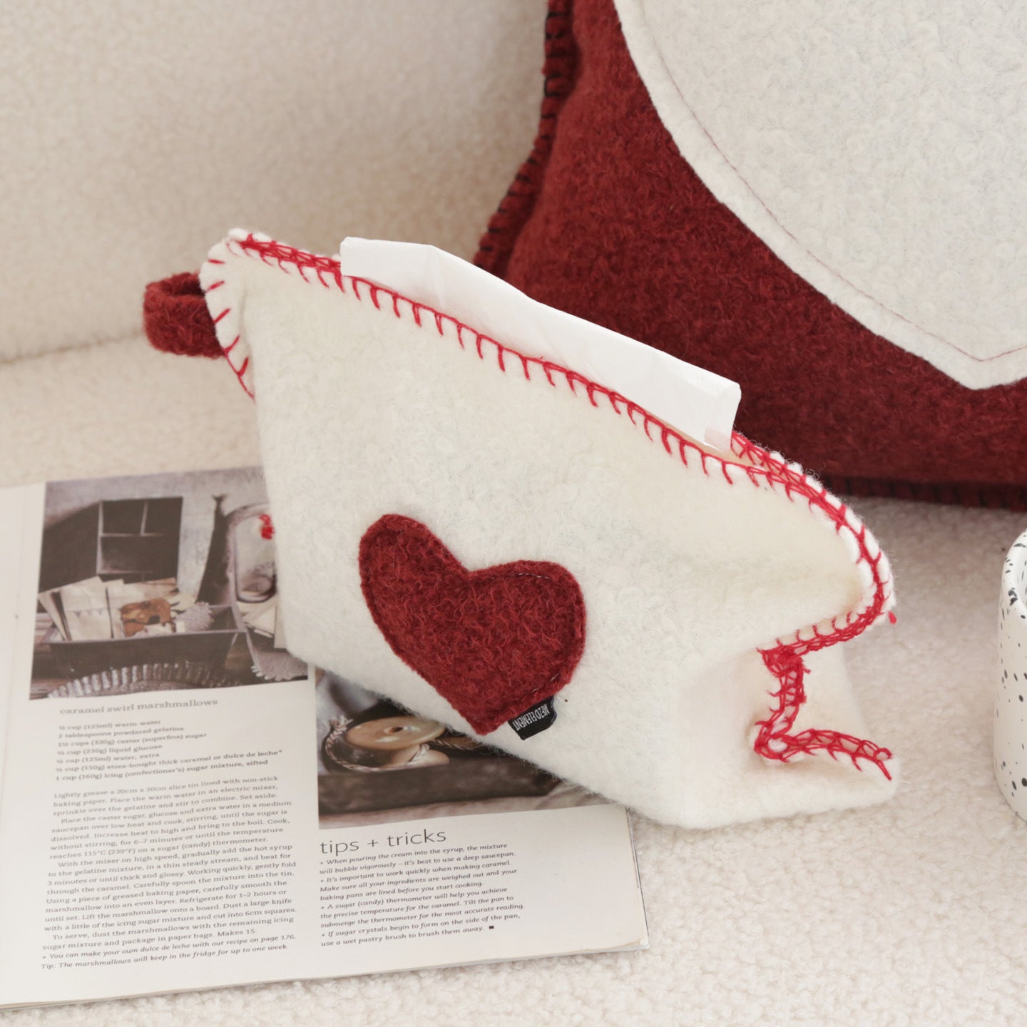 Fuzzy Heart-Shaped Tissue Box Cover - Red & White Color Options