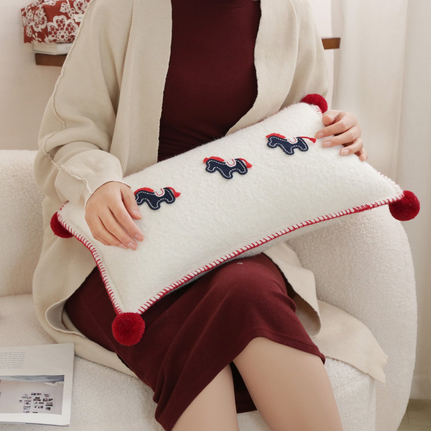 Horse Motif Plush Throw Pillow